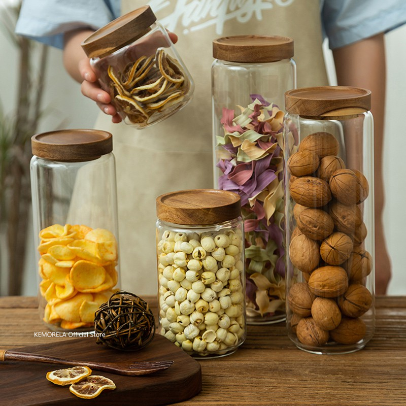 Food Storage Jar Glass - Стеклянная герметичная канистра с деревянной крышкой,