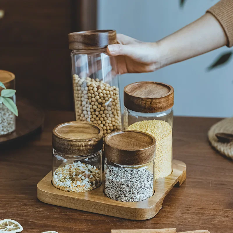 Food Storage Glass Set - Деревянная крышка Orgnizer герметичные стеклянные банки