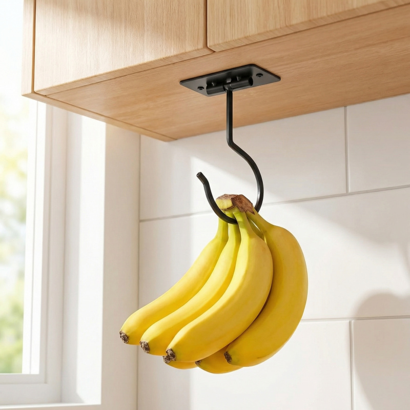 Food Storage Cabinet For Kitchen - Черный металлический самоклеящийся крючок-банан, складная полка